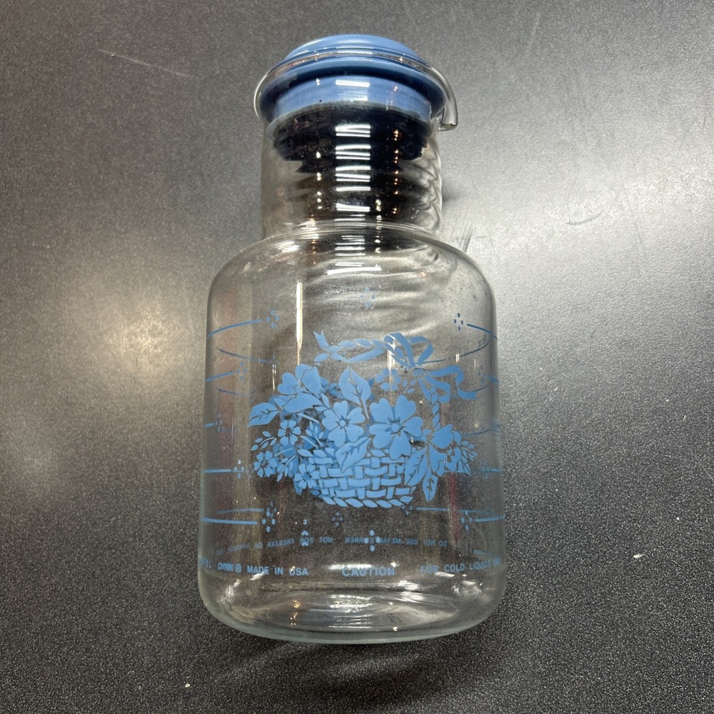 Pyrex Clear Glass Floral Canister Jar Blue Plastic Lid  Vintage Cottage Core